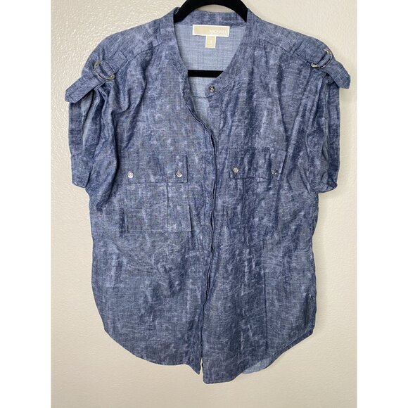 Michael Kors Womens Blue Blouse 12 short sleeve v-neck‎ button up  cotton - Picture 2 of 6